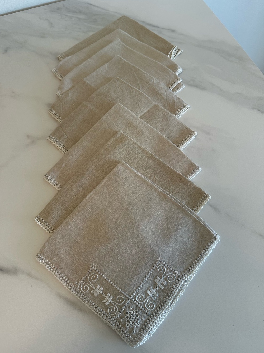Set of 8 Vintage Beige Ecru Linen Dinner Napkins with White Geometric Embroidery